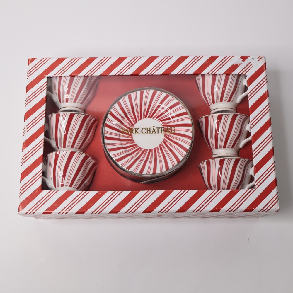 NIB Park Chateau Christmas Peppermint Candy Cane Striped Tea Cup Saucer Set 12pc